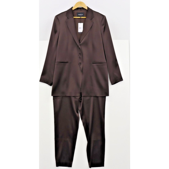 Lafayette 148 NEW NWT Sz 16 Pant Suit Set Satin Chocolate Brown 3 Button Blazer - Picture 1 of 16